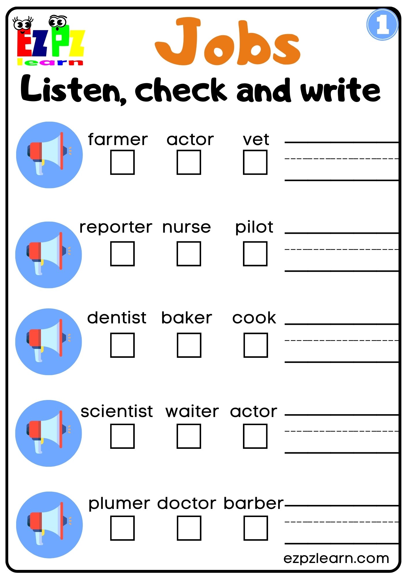 Jobs Vocabulary Interactive Worksheet Listen, Check and Write the Words Activity for Kids, K5 and ESL Students G1